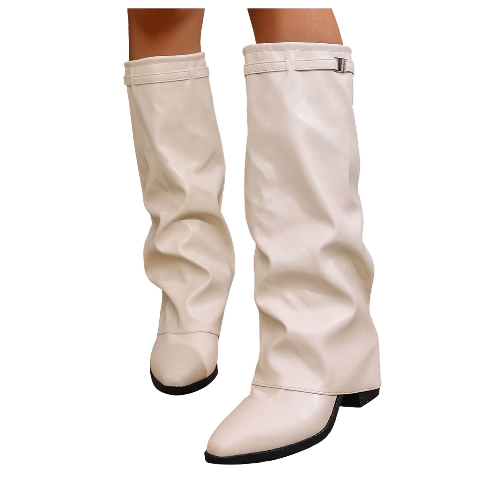 【GRANCY】Fold-over Leather Shoes 40 Fold over Knee High Boots for Women Slouchy Leather Pointed Toe