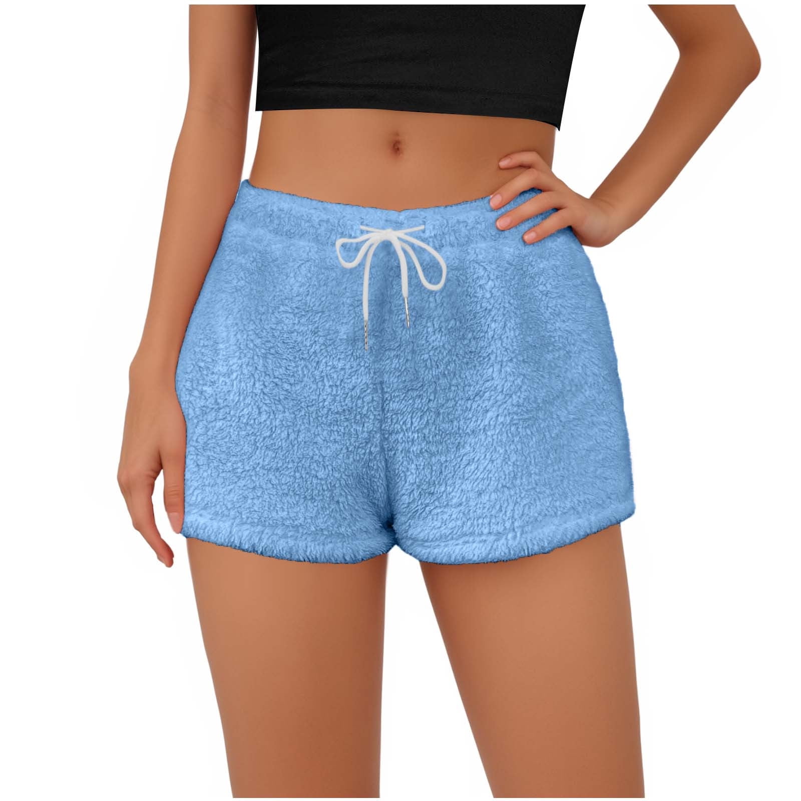 Lenpel Women's Fuzzy Pajama Shorts High Waisted Drawstring Soft