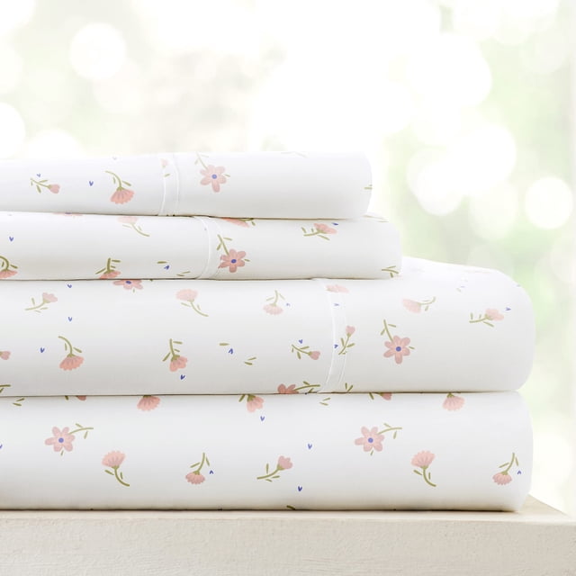 Linen Market Ensemble de Draps 4 Pcs à Motifs, Grand Lit, Rose Floral Doux