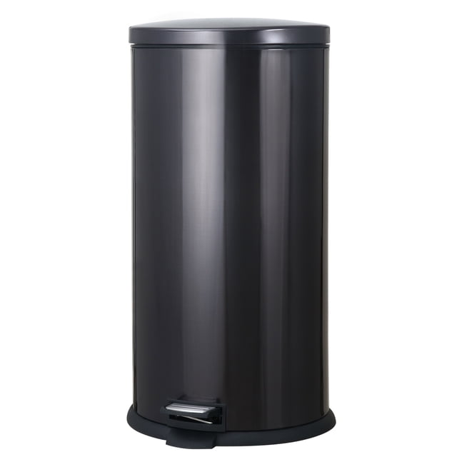 Hometrends 30 Litre Stainless Steel Kitchen Garbage Can Waste Bin with Durable Foot Pedal and Fingerprint-Resistant Finish, featuring a cylindrical dark stainless steel body with a soft-close lid, black base, and foot pedal for hands-free use, ideal for kitchens, offices, nurseries, and craft rooms, also suitable for organized recycling or storage.