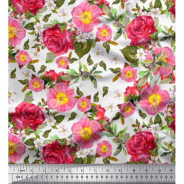 Soimoi Modal Satin Fabric Leaves,Clematis & Rose Floral Print Fabric by the Yard 42 Inch Wide