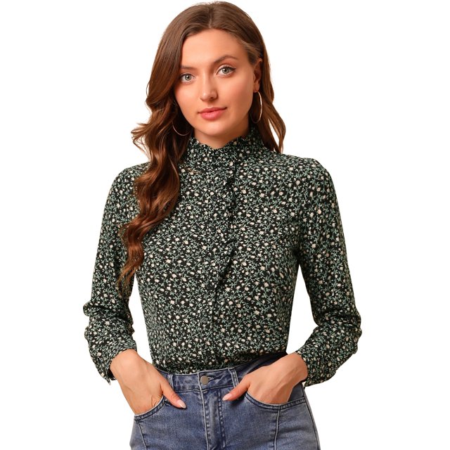 Unique Bargains Chemise Décontractée à Manches Longues à Col Montant Imprimé Floral pour Femmes