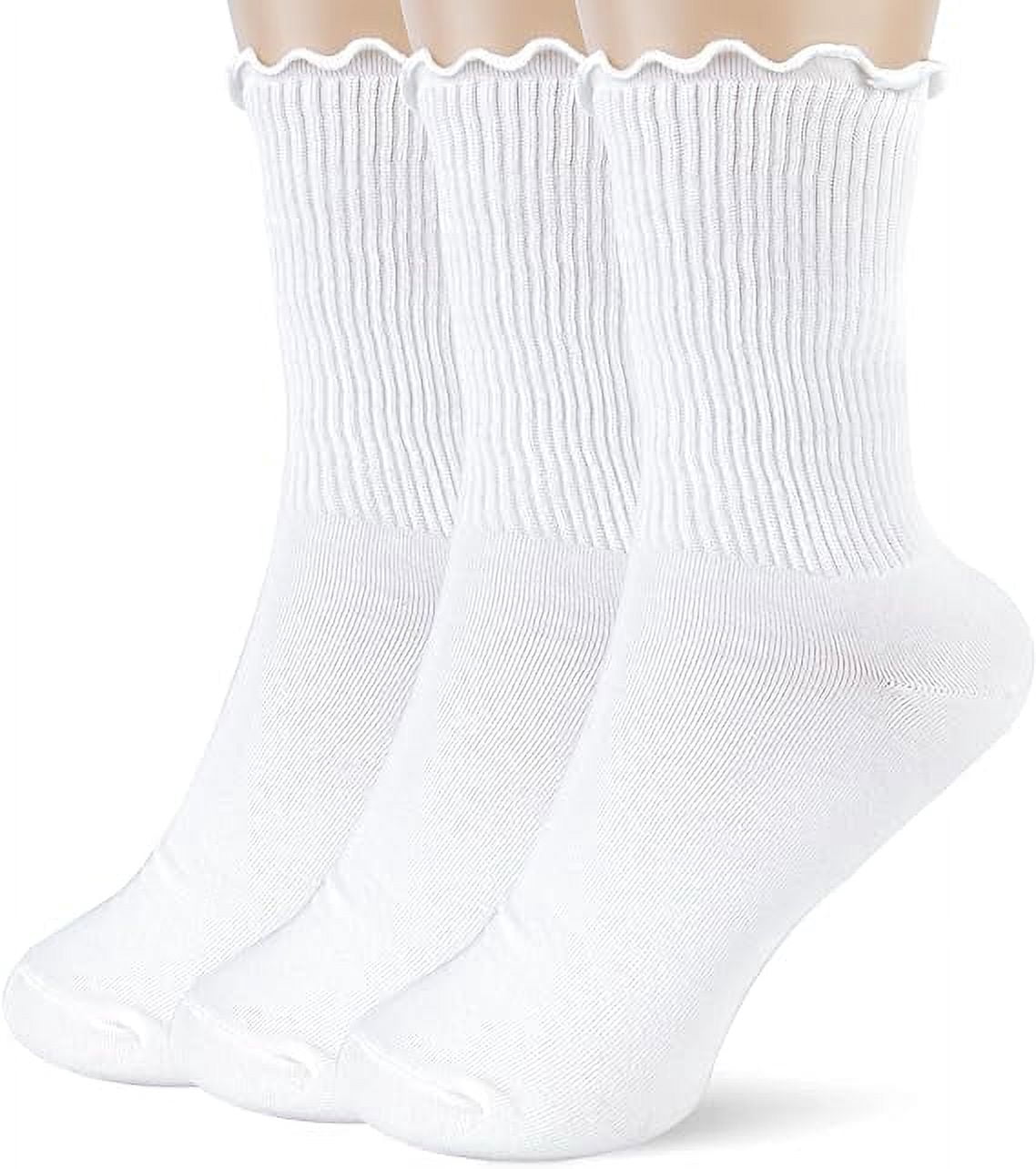 Nvzi 3pcs Womens Cotton Socks - Ruffle Turn Cuff Sock - Casual Crew Frilly Sock（White）