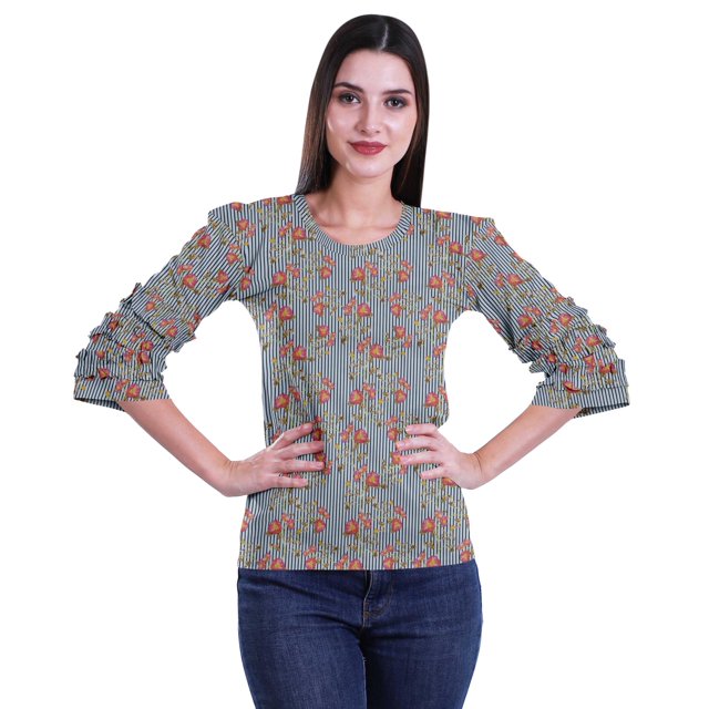 Moomaya Ruffle Sleeve Printed Cotton Womens Tops Plus Size Short T-Shirt Top