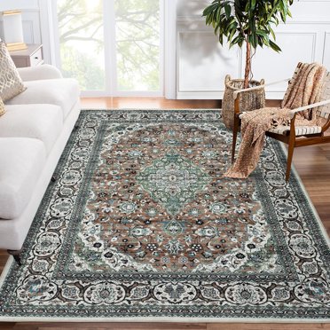 Hasoo Area Rug Vintage Tribal Carpet Anti-Slip Rug Washable Persian Carpet for Living Room Bedroom, Green/Brown, 6' x 9'