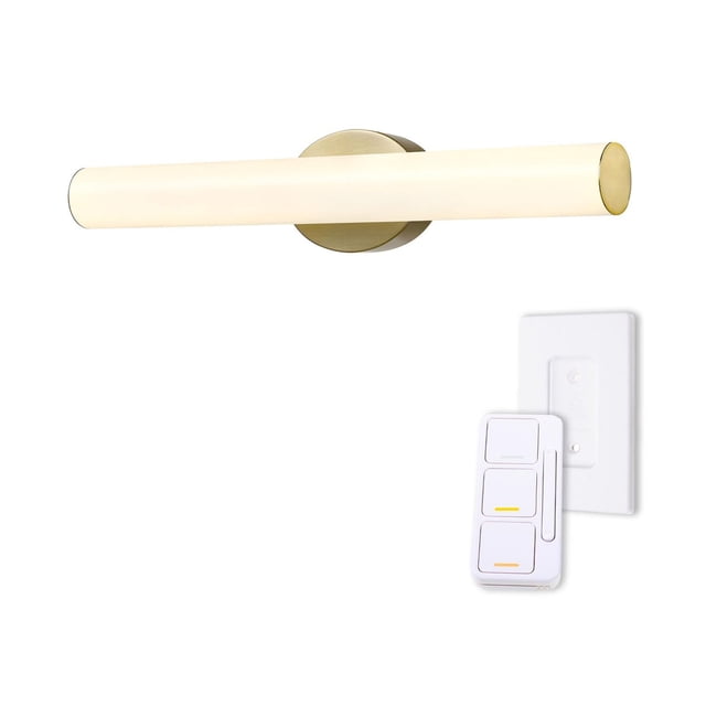 Globe Electric 24" brass dimmable color adjustable LED integrated modern style vanity light with frosted acrylic diffuser and matte brass finish, includes a wall-mounted remote dimmer with three color temperature options and easy installation.