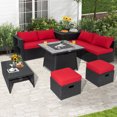 thumbnail image 3 of Patiojoy 9 Pieces Outdoor PE Rattan Wicker Sectional Sofa with 35-Inch Gas Fire Pit Table Space-Saving Patio Conversation Set with Storage Box Red, 3 of 10