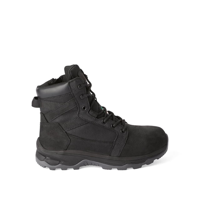 Workload Men's 6" Steel Toe Work Boots in black with leather, nylon, faux leather, and webbing upper, lace-up front, side zipper, pull loop, carbonite rubber outsole, oil resistant, shock absorbing insole, and CSA Green Triangle certified for job site safety.