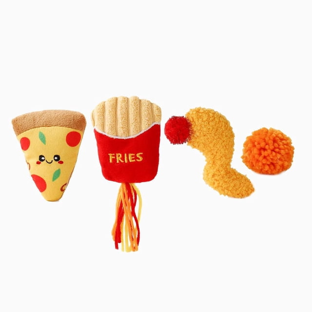 Hugsmart Purrfect Bites Catnip Toy 4-pack with plush pizza slice featuring a smiling face, red fries container embroidered with 'FRIES' and fabric tassels, curly orange chicken leg with red pom pom, and an orange pom pom ball, all stuffed with premium North American catnip for engaging cat play.