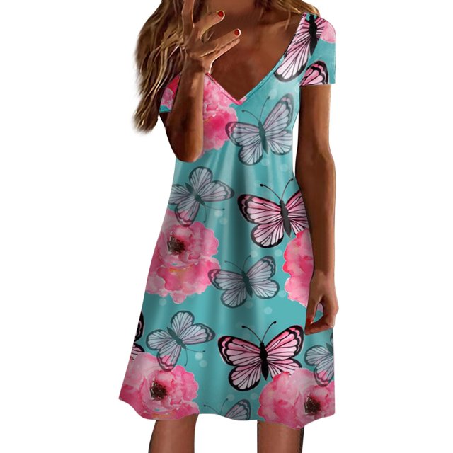 TJAZFJPA Robes d'Été Grande Taille pour Femmes Robe d'Été à Manches Courtes Robe Mode Col en V Évasée Fluide Robe Confortable Robe Moulante Robe Grande Taille Robe Noire