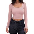 thumbnail image 1 of MeetoTime Womens Ribbed Long Sleeve Scoop Neck Tops Slim Basic Cropped Tees Fall Pullover Shirts, 1 of 7