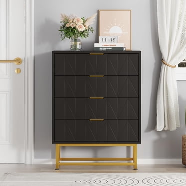 4 Drawer Dresser with Wide Storage, Wooden Chest of Drawers with Gold Metal Legs & Handles, Modern Bedroom Dresser Organizer for Clothes, Living Room & Hallway