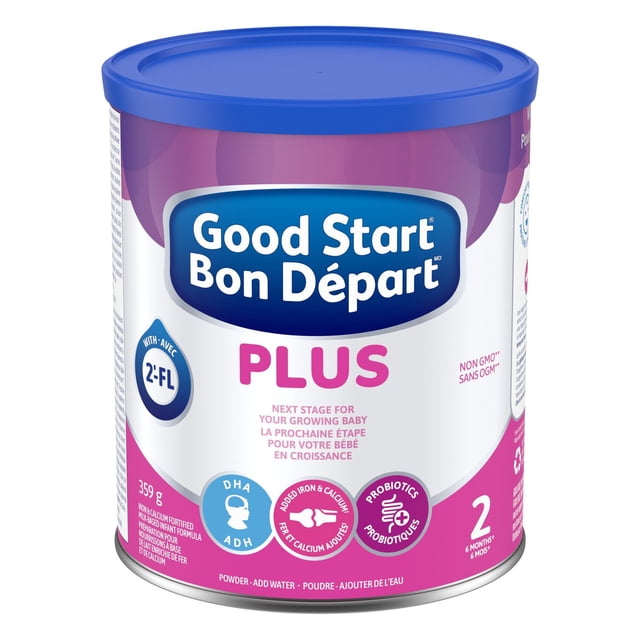 Good Start Plus 2 Baby Formula, Powder 359g, front view of a cylindrical container with a blue lid and white and pink label featuring bilingual text and highlighting added iron, calcium, DHA, probiotics, and 2'-FL for babies 6 months and older.