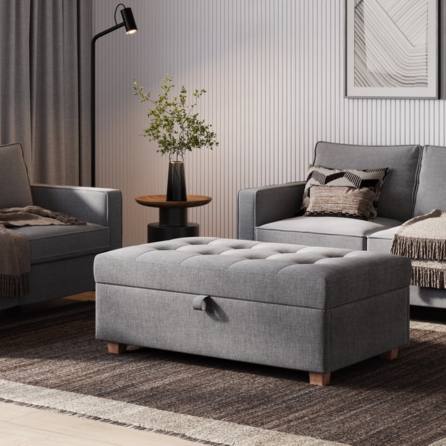 CorLiving Aubin Large Fabric Upholstered Indoor Storage Ottoman with Tufted Lid and Wood Legs, Light Grey