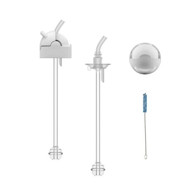 Dr. Brown's Milestones Sippy Straw Bottle Conversion Kit with two clear silicone sippy straws, white flip-top caps, and a blue cleaning brush, designed for spill-proof transition from bottle to cup, compatible with standard and narrow bottles, and dishwasher safe.