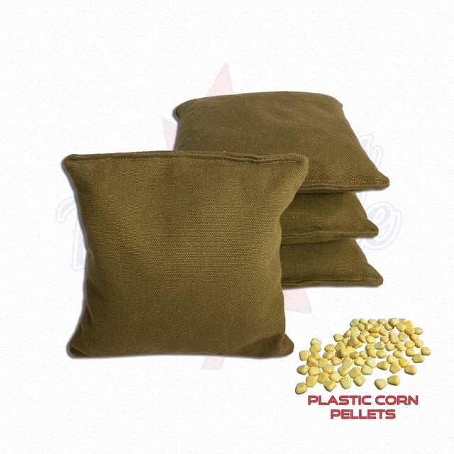 Sacs de Maïs en Gris pour Toutes Saisons, Présentés en une Pile de Quatre. Ces Sacs Officiels de Taille et de Poids, Remplis de Granules de Maïs en Plastique, Sont Durables et Conviennent aux Jeux Extérieurs. Bien Que Catégorisés sous les Fauteuils Poire pour Enfants, Ils Sont Idéaux pour les Jeux de Maïs. Fabriqué par Muskoka Cornhole.