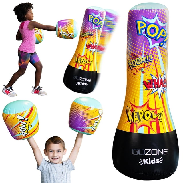 GoZone Kids Inflatable Punching Bag Set with a 42-inch tall weighted-bottom punching bag featuring comic book style graphics including POP!, BOOM!!, WHAC, and KAPOW! The set includes two inflatable gloves with matching colorful designs, ideal for kids to build coordination and endurance.