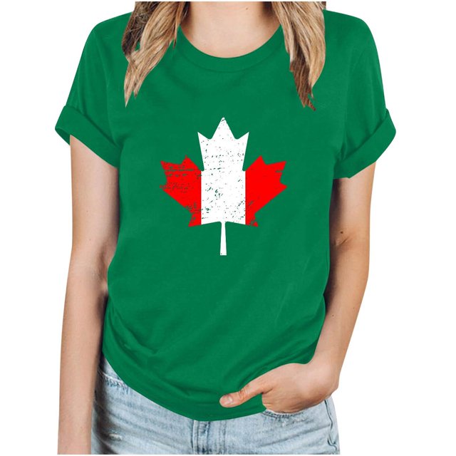 TopLLC Tenues du 4 Juillet pour Femmes Hauts d'Été pour Femmes, Hauts d'Été pour Femmes 2024 T-Shirt d'Été Basique à Manches Courtes Décontracté pour Femmes Blouse à Imprimé Feuille d'Érable de la Fête du Canada T-Shirt à Col Rond
