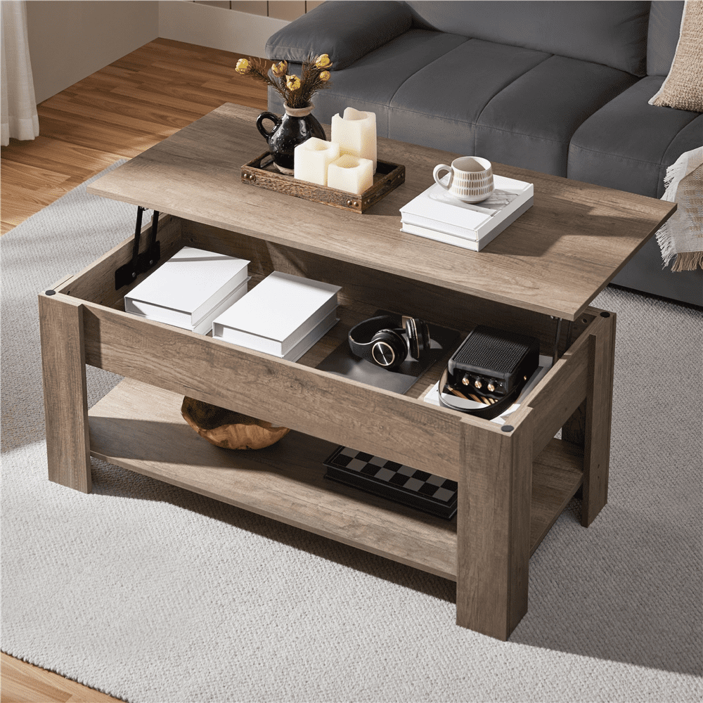 Fullfurnique Lift Top Coffee Table with Large Hidden Compartment and Storage Open Shelf, Gray