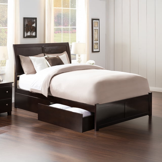 Lit Plateforme Grand en Bois Portland avec Pied de Lit et Tiroirs de Rangement, Couleur Espresso