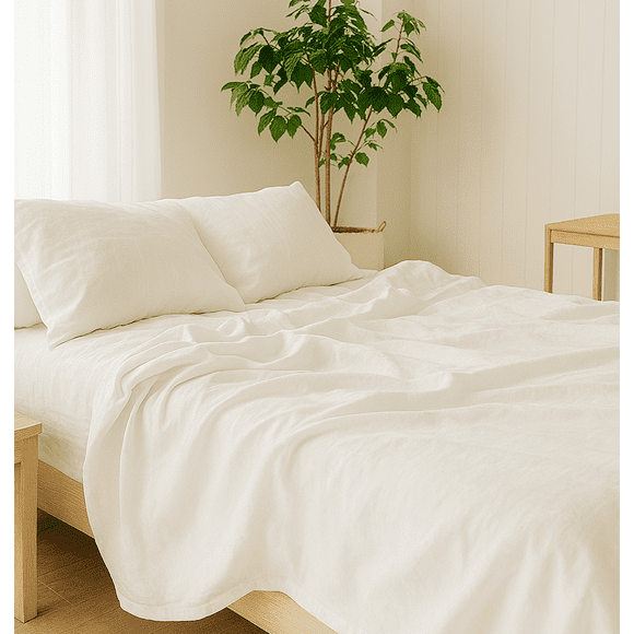 Q VITA Ensemble de Draps en Lin et Tencel, Grand Lit, Literie 4 Pcs pour Adultes – Blanc, Lavé aux Enzymes, Poche Profonde de 14 Pouces, Certifié OEKO-TEX, Conçu au Canada