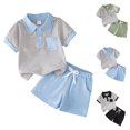 thumbnail image 1 of Qtocio Ensemble Garçon Haut à Manches Courtes Rayé et Short à Poches Col à Revers Décontracté Mode Confortable Tenue Quotidienne Tenue d'Été, 1 of 5