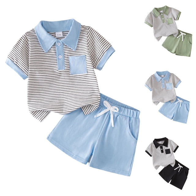 Qtocio Ensemble Garçon Haut à Manches Courtes Rayé et Short à Poches Col à Revers Décontracté Mode Confortable Tenue Quotidienne Tenue d'Été