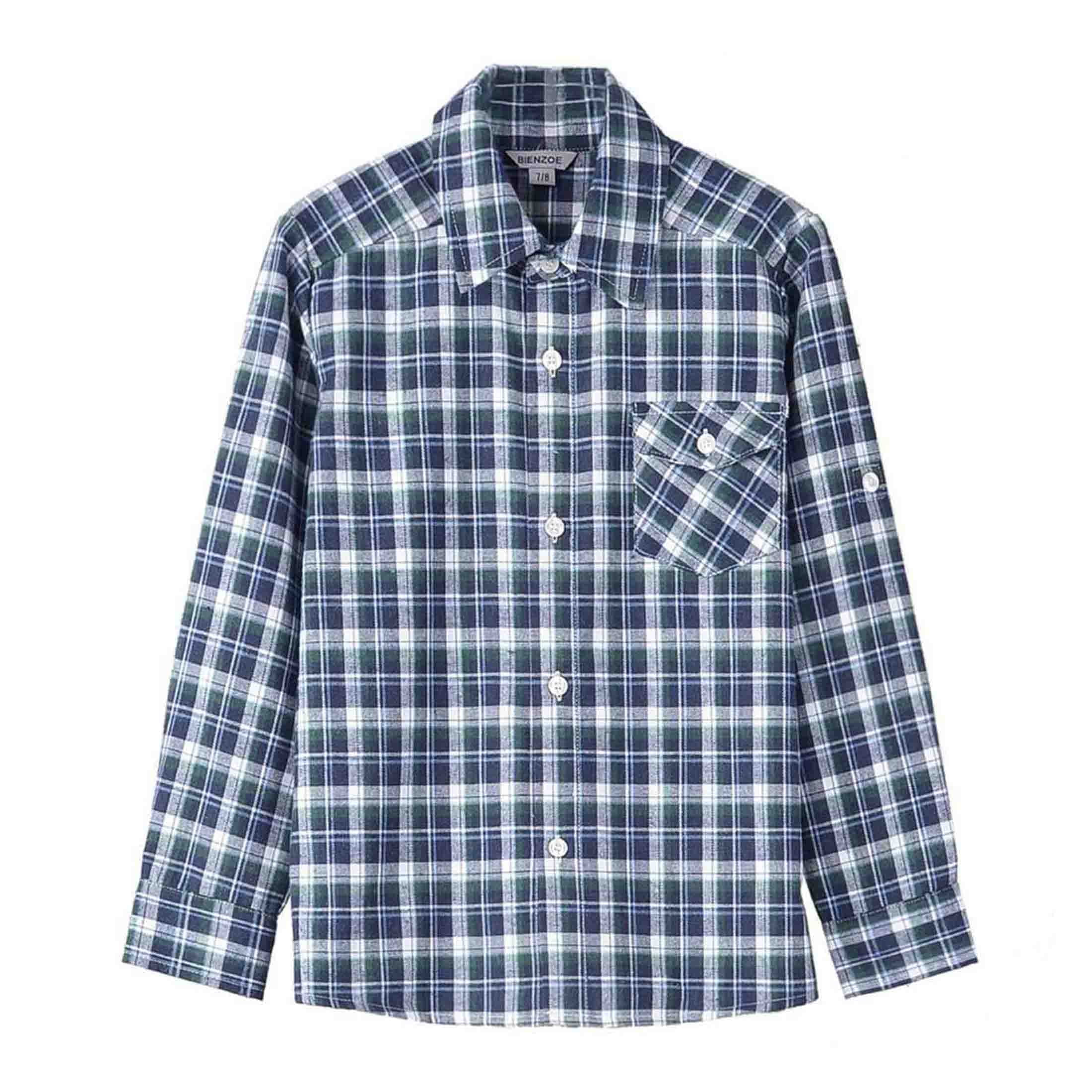 Bienzoe Boy's Flannel Button Down Long Sleeve Plaid Shirt Green 7/8