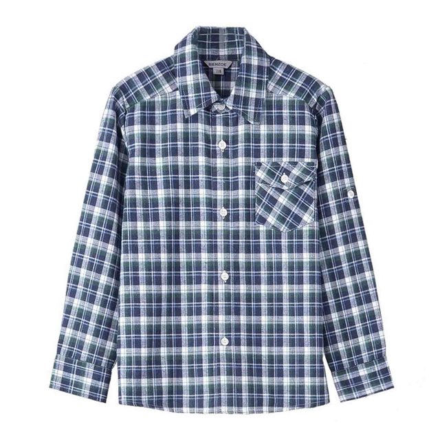 Bienzoe Boy's Flannel Button Down Long Sleeve Plaid Shirt Green 9/10