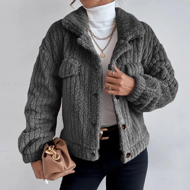 IROINID Veste Courte Décontractée pour Femme à Revers en Pointe, Blouson Bomber Uni à Manches Longues, Gris Foncé
