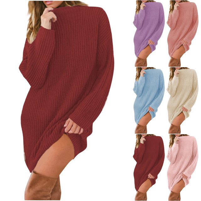 Gspmoly Robes pour Femmes, Robe Décontractée Ample à Col Semi-Montant à Manches Longues en Tricot Uni pour Femmes, Robes de Mariage pour Femmes Offres des Fêtes