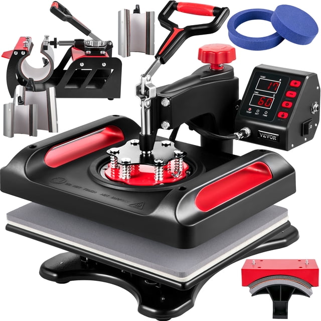 VEVOR Heat Press Machine 12 x 15 inch 8 in 1 Heat Press Sublimation Machine 360° Rotation Swing Away 8 in 1 Shirt Printing Machine Dual-Tube Heating for DIY T-Shirts Cap & Mugs Red red 12×15-inch swing-away heat press with dual-screen digital controller, silicone buttons, Teflon-coated platen and visible swing arm; separate cap press plus three mug and two plate attachments shown, often used for small custom craft transfers like fabric patches.
