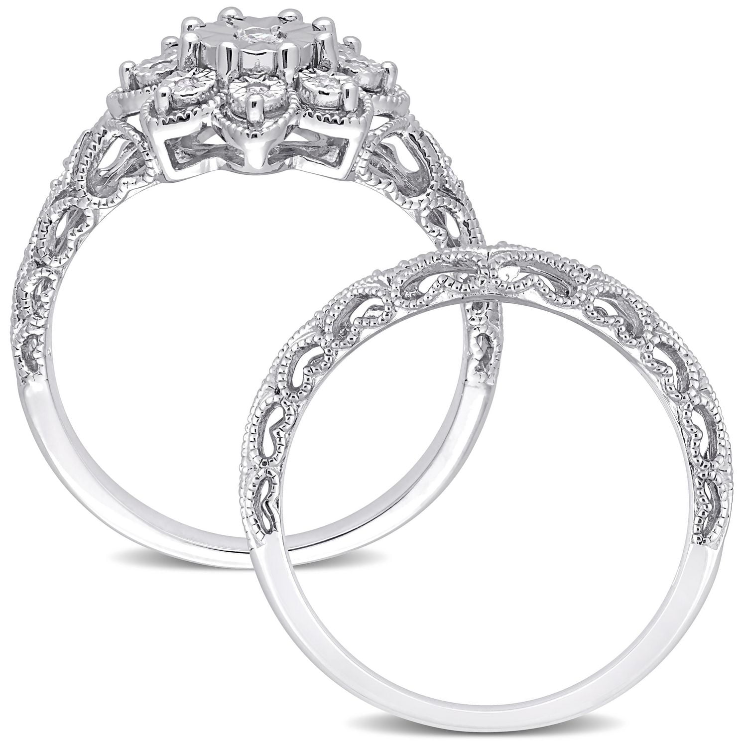 Ensemble nuptial floral de Miabella avec 1/10 carat poids total de diamants en argent sterling