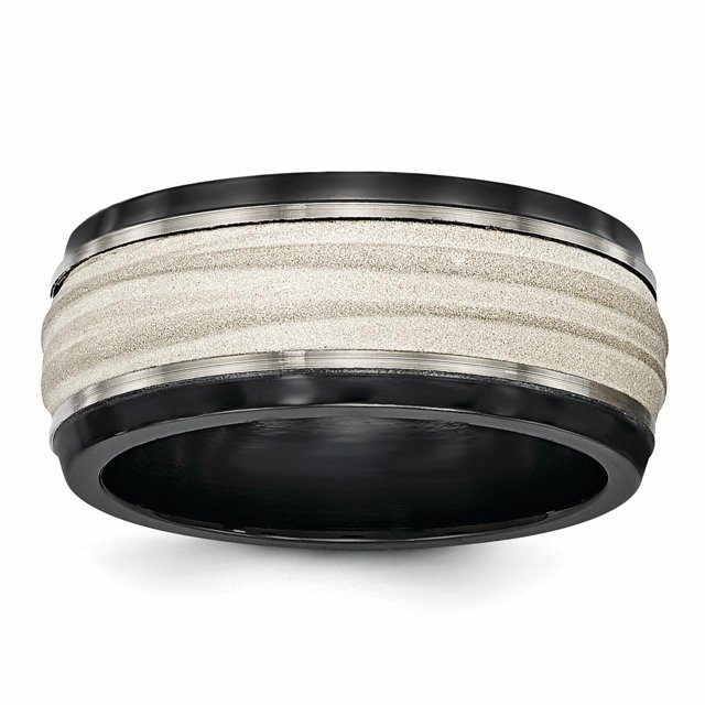 Edward Mirell Black Ti & Sterling Silver Inlay Laser & Polished Wave Ring Size 14