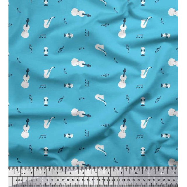 Soimoi Polyester Crepe Fabric Notes,Guitar & Saxophones Musical Instrument Printed Craft Fabric by The Yard 52 Inch Wide