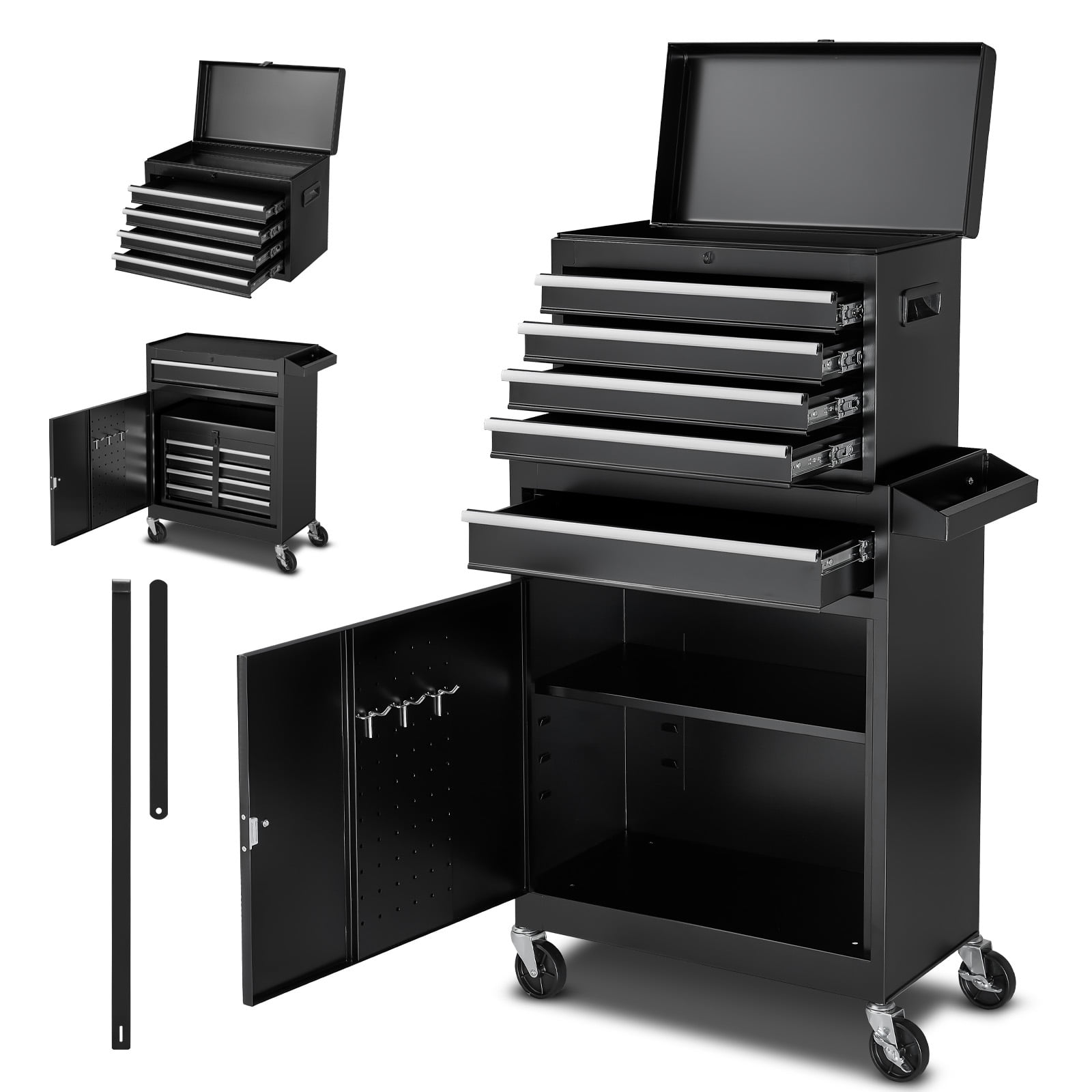 KFFKFF Rolling Tool Chest, 2-in-1 Design, 5 Drawers Tool Cabinet Organizer with Detachable Top Metal Toolbox, Lock Bar, Protective Liner, and Tools Rack