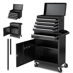 KFFKFF Rolling Tool Chest, 2-in-1 Design, 5 Drawers Tool Cabinet Organizer with Detachable Top Metal Toolbox, Lock Bar, Protective Liner, and Tools Rack