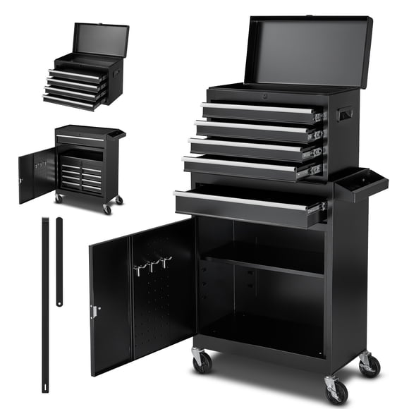 KFFKFF Rolling Tool Chest, 2-in-1 Design, 5 Drawers Tool Cabinet Organizer with Detachable Top Metal Toolbox, Lock Bar, Protective Liner, and Tools Rack