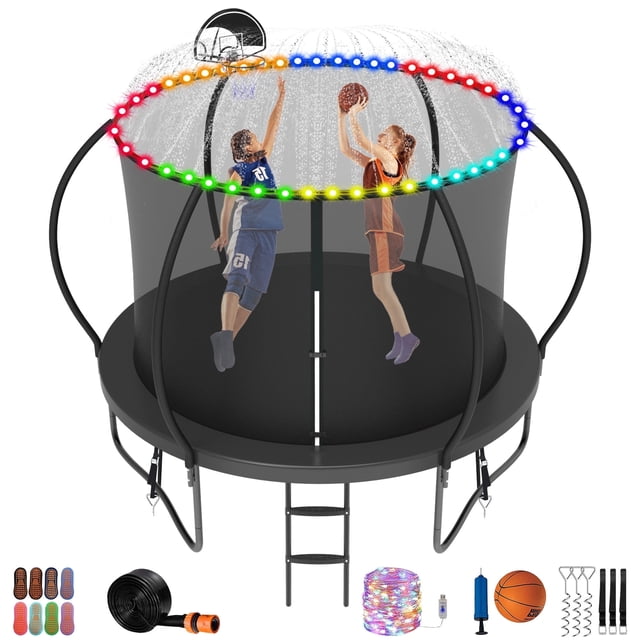 Jump Into Fun Trampoline 10FT, 1000LBS Trampoline for Kids and Adults with Enclosure, Basketball Hoop, Wind Stakes, LED light, Sprinkler and Socks, Outdoor Galvanized Full Spray Round Trampoline