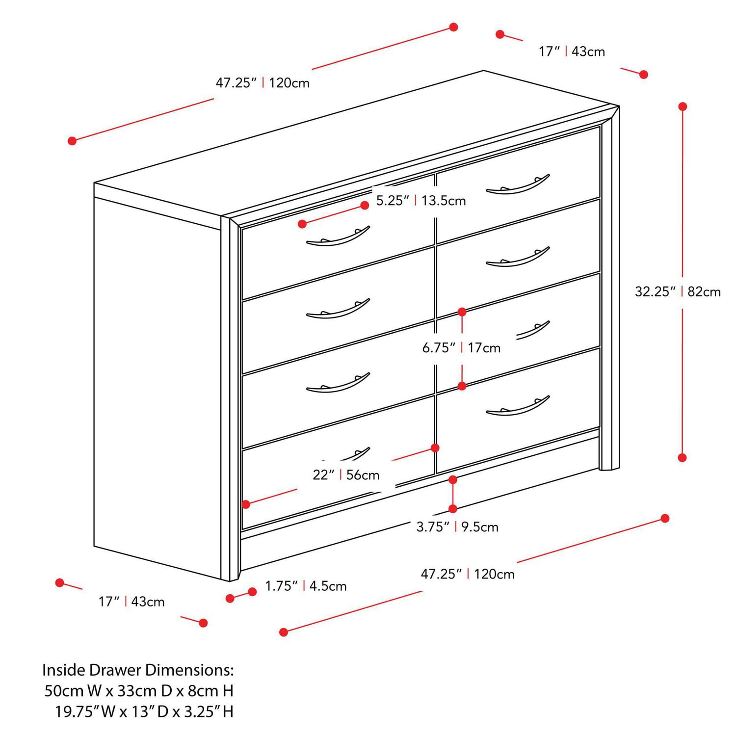 Commode double CorLiving Newport de style milieu de siècle moderne à 8 tiroirs pour adulte avec système anti-basculement