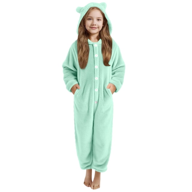 Pyjama d'Hiver pour Filles Combinaison à Capuche à Manches Longues pour Filles Pyjama Uni pour Chaleur Hivernale Décontractée Combinaison à Manches Longues