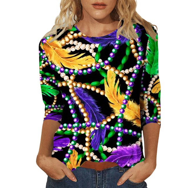 Outfmvch Chemises Mardi Gras pour Femmes, Manches 3/4 Hauts pour Femmes, Tenue Mardi Gras pour Femmes, Blouses pour Femmes, Hauts d'Entraînement pour Femmes, Tunique Graphique de Carnaval Manches 3/4 Col Rond Blouse Verte 4TG