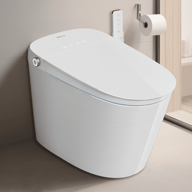 Bidet Intelligent pour Toilette avec Réservoir Intégré et Hauteur de Siège Confortable Conforme à l'ADA, Conception Allongée à Double Rinçage et Capteur de Pied pour le Contrôle de la Chasse et du Siège. Caractéristiques Incluant Couvercle à Ouverture/fermeture Automatique, Siège Chauffant, Veilleuse, Désodorisation, Eau Chaude Instantanée et Système Écologique à Double Rinçage avec technologies Siphonique et jet. Présenté dans un Cadre de Salle de Bain Moderne avec une Télécommande Murale et un Porte-Papier Hygiénique.