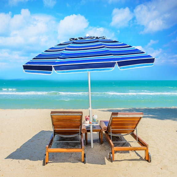 Gymax 7.2ft Beach Umbrella Outdoor Patio Garden w/ Carrying Bag Sand Anchor Navy Blue