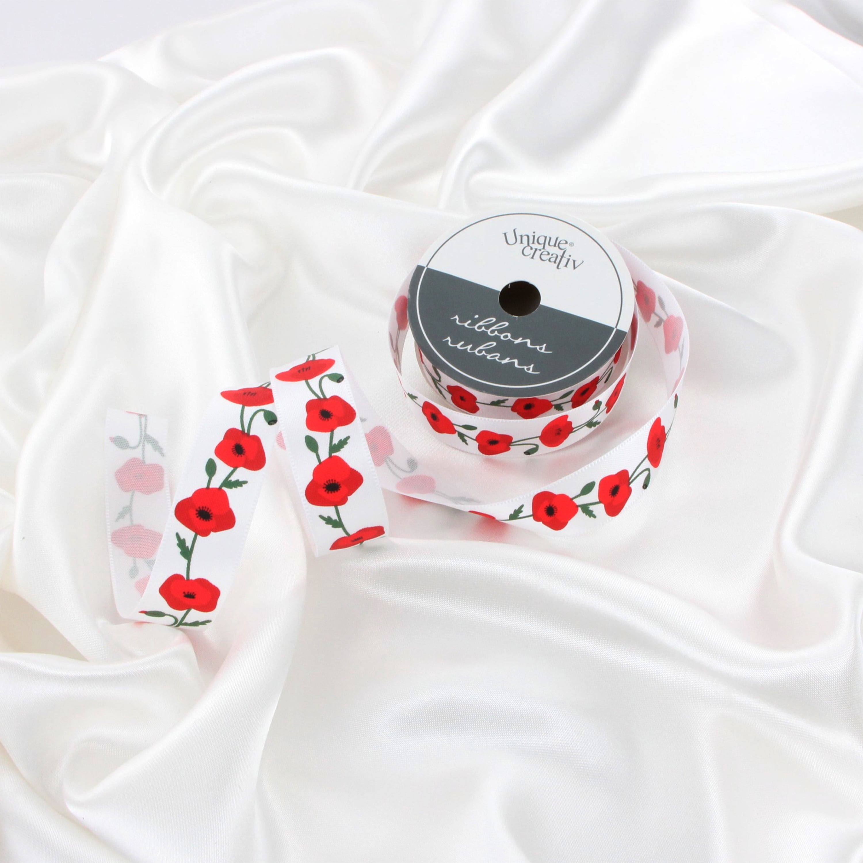 UNIQUE CREATIV, Ribbon, Printed Satin, Poppy, 20mm × 5.4m (0.78" × 18ft)