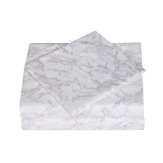Mainstays Soft, Easy Care, Microfiber Sheet Set – Printed with a folded set of white microfiber sheets featuring a light gray marble pattern, including a flat sheet, deep pocket fitted sheet, and pillowcases, made for durability and wrinkle resistance.