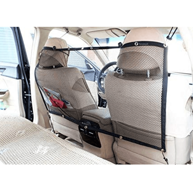 Car Pet Barrier Mesh Dog Car Safety Travel Isolation Net Vehicle Van Back Seat. Black mesh barrier installed between the front and back seats of a vehicle, designed to keep pets safely contained during travel. The mesh material is lightweight and durable, with adjustable straps securing it to the headrests. Ideal for dog travel accessories and car safety mesh solutions, suitable for cars, vans, and other vehicles.