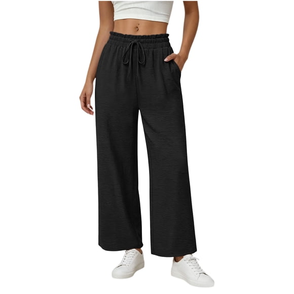 Nfurl High Waisted Pants for Women Wide Leg Work Casual Trouser Pants with Drawstring Trendy Summer Cute Going Out Pants with Pockets Black,M