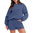 thumbnail image 1 of Ensemble de Survêtement pour Femmes avec Shorts, Tenue 2 Pcs pour Femmes pour l'Automne, Chandails à Manches Longues Décontractés Surdimensionnés à Col Ras du Cou, Shorts à Taille Élastique, Ensembles Assortis Bleu Marine, 1 of 7