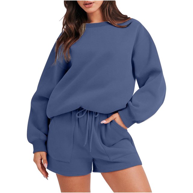 Ensemble de Survêtement pour Femmes avec Shorts, Tenue 2 Pcs pour Femmes pour l'Automne, Chandails à Manches Longues Décontractés Surdimensionnés à Col Ras du Cou, Shorts à Taille Élastique, Ensembles Assortis Bleu Marine